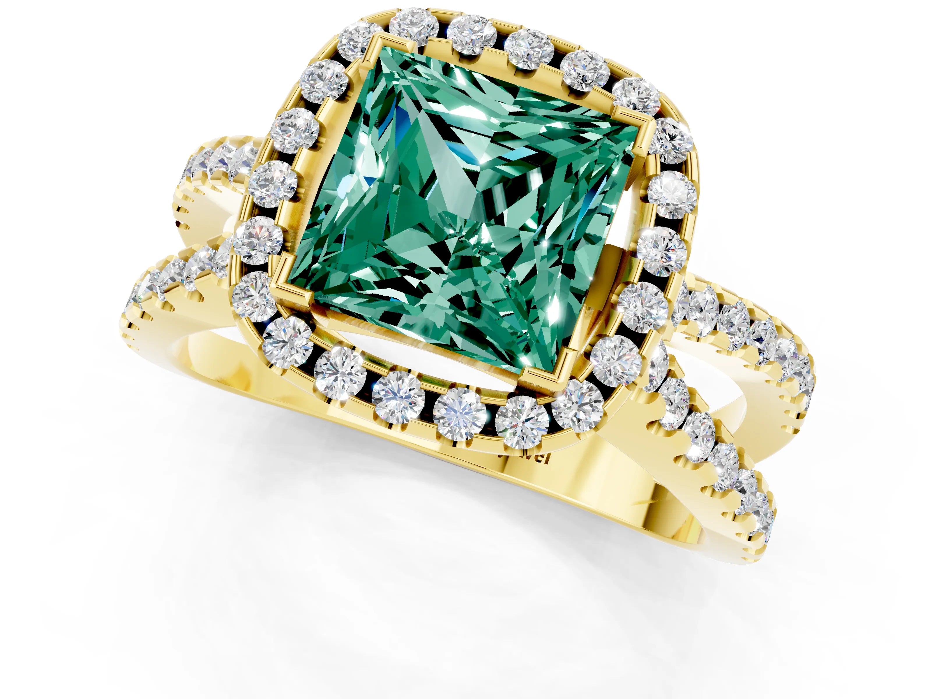 Yellow gold Princess Cut Green Sapphire Halo Ring with Split Shank Pavé Band and Prong Setting_1