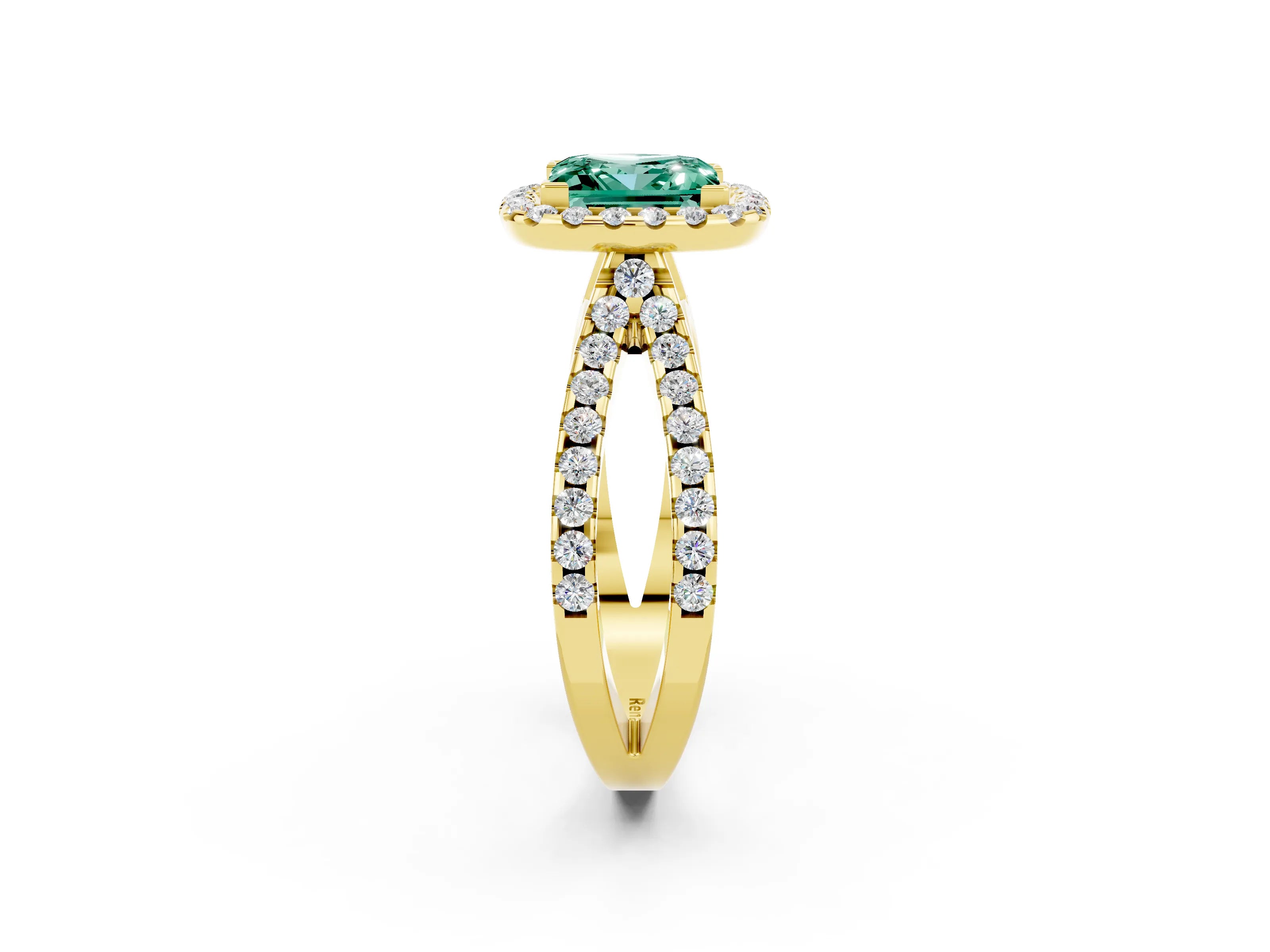 Yellow gold Princess Cut Green Sapphire Halo Ring with Split Shank Pavé Band and Prong Setting_2