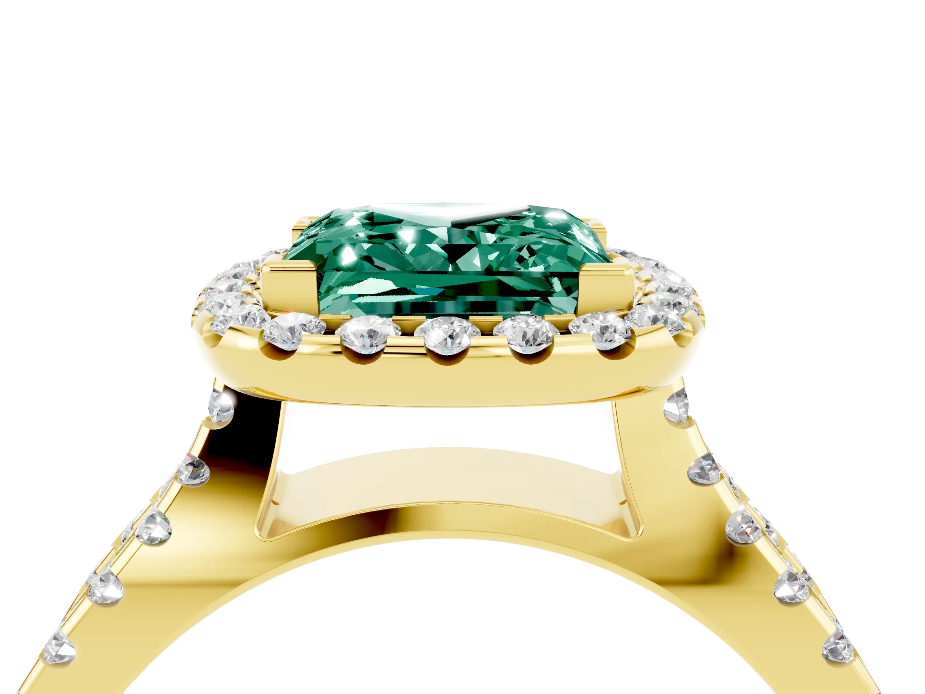 Yellow gold Princess Cut Green Sapphire Halo Ring with Split Shank Pavé Band and Prong Setting_4