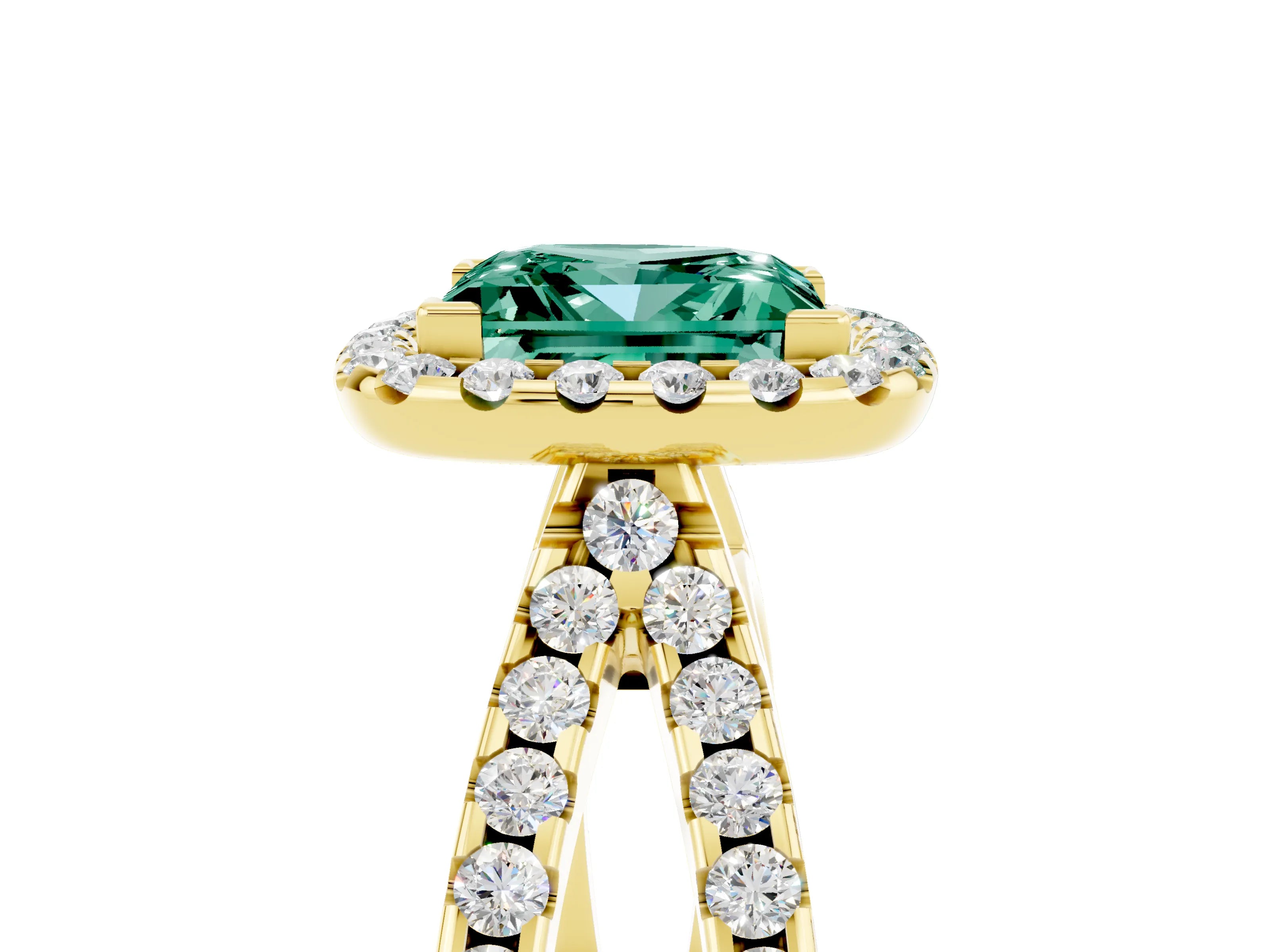 Yellow gold Princess Cut Green Sapphire Halo Ring with Split Shank Pavé Band and Prong Setting_5