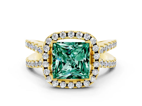 Yellow gold Princess Cut Green Sapphire Halo Ring with Split Shank Pavé Band and Prong Setting