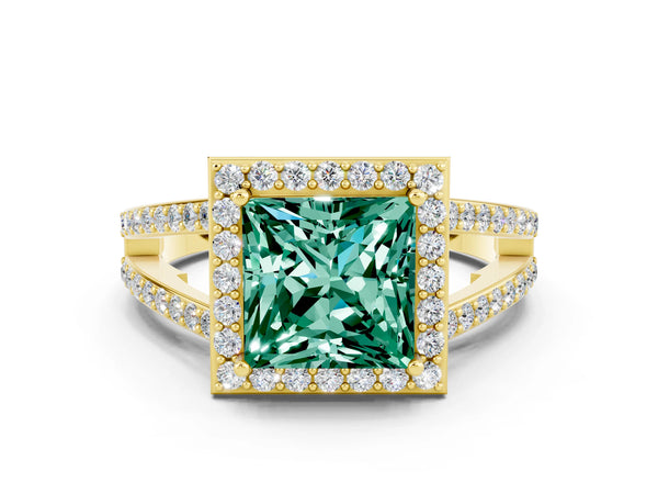 Yellow gold Princess Cut Green Sapphire Halo Ring with Split Shank U-Prong Band and Four-Prong Setting