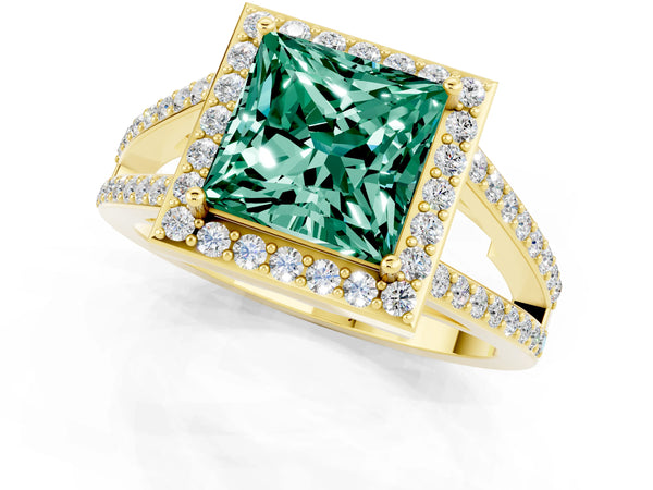 Yellow gold Princess Cut Green Sapphire Halo Ring with Split Shank U-Prong Band and Four-Prong Setting