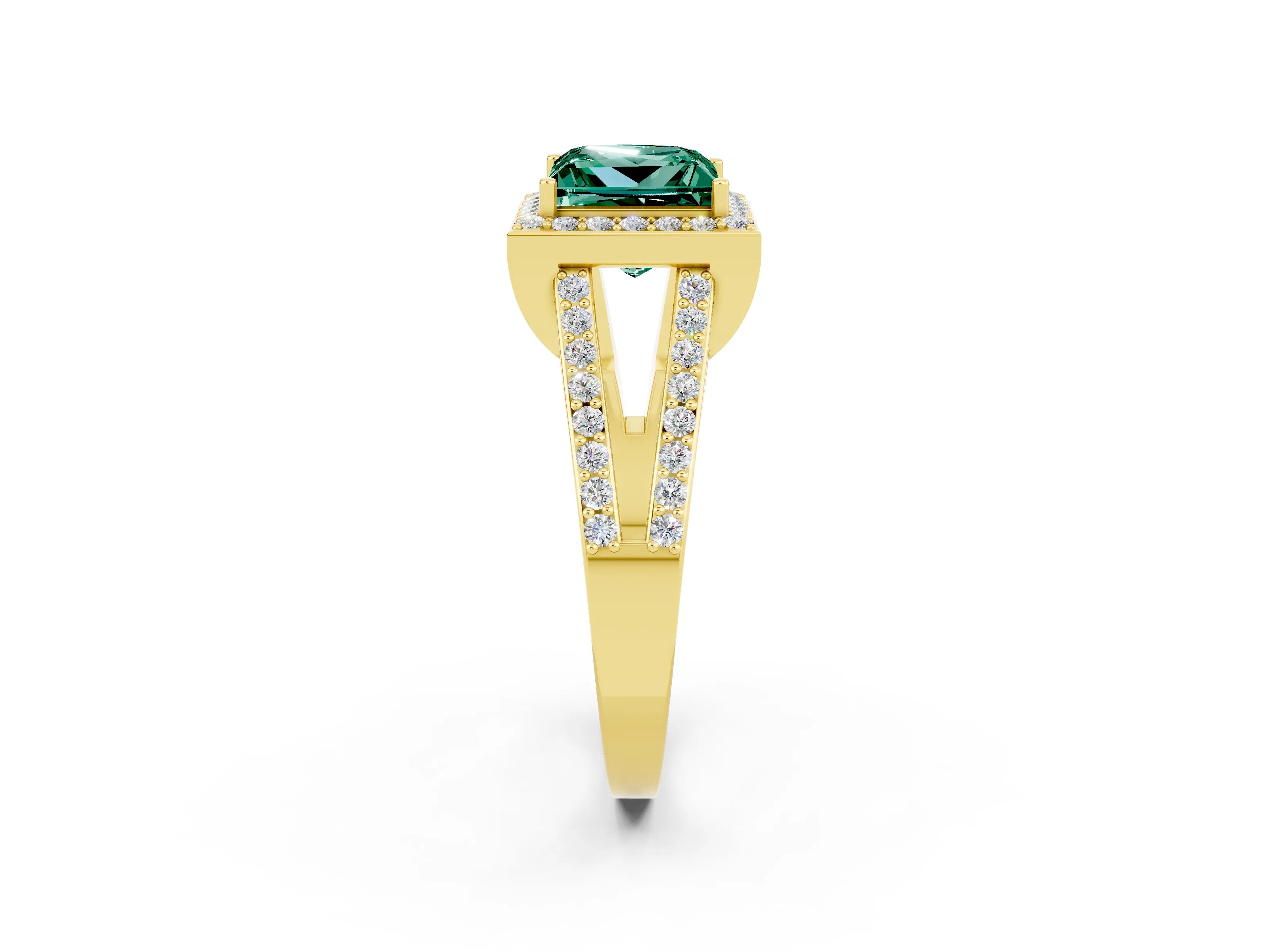 Yellow gold Princess Cut Green Sapphire Halo Ring with Split Shank U-Prong Band and Four-Prong Setting_2