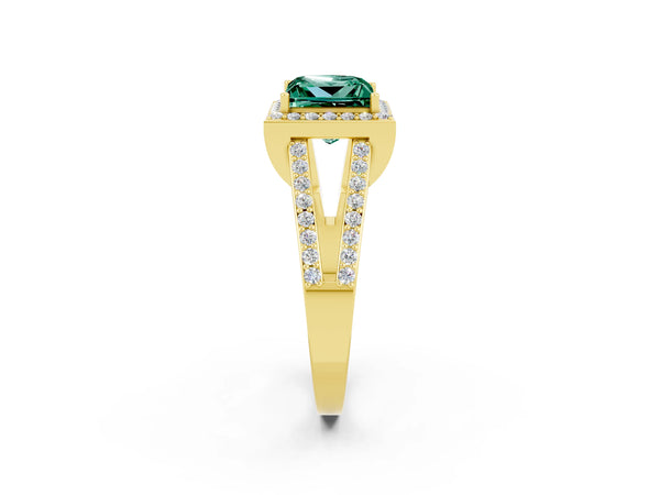 Yellow gold Princess Cut Green Sapphire Halo Ring with Split Shank U-Prong Band and Four-Prong Setting