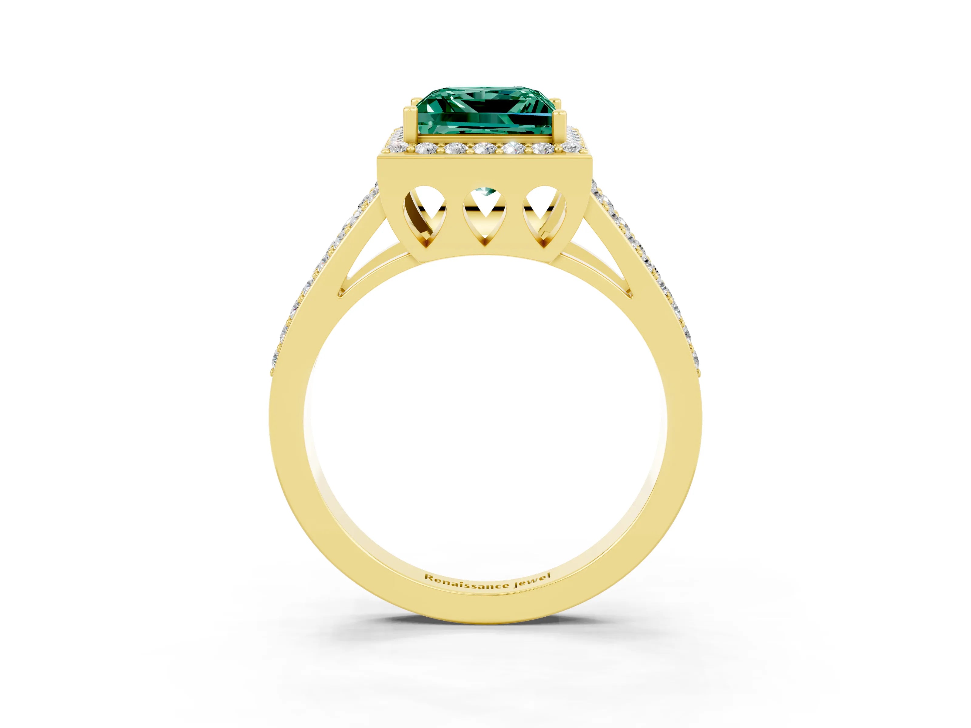 Yellow gold Princess Cut Green Sapphire Halo Ring with Split Shank U-Prong Band and Four-Prong Setting_3