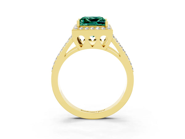 Yellow gold Princess Cut Green Sapphire Halo Ring with Split Shank U-Prong Band and Four-Prong Setting