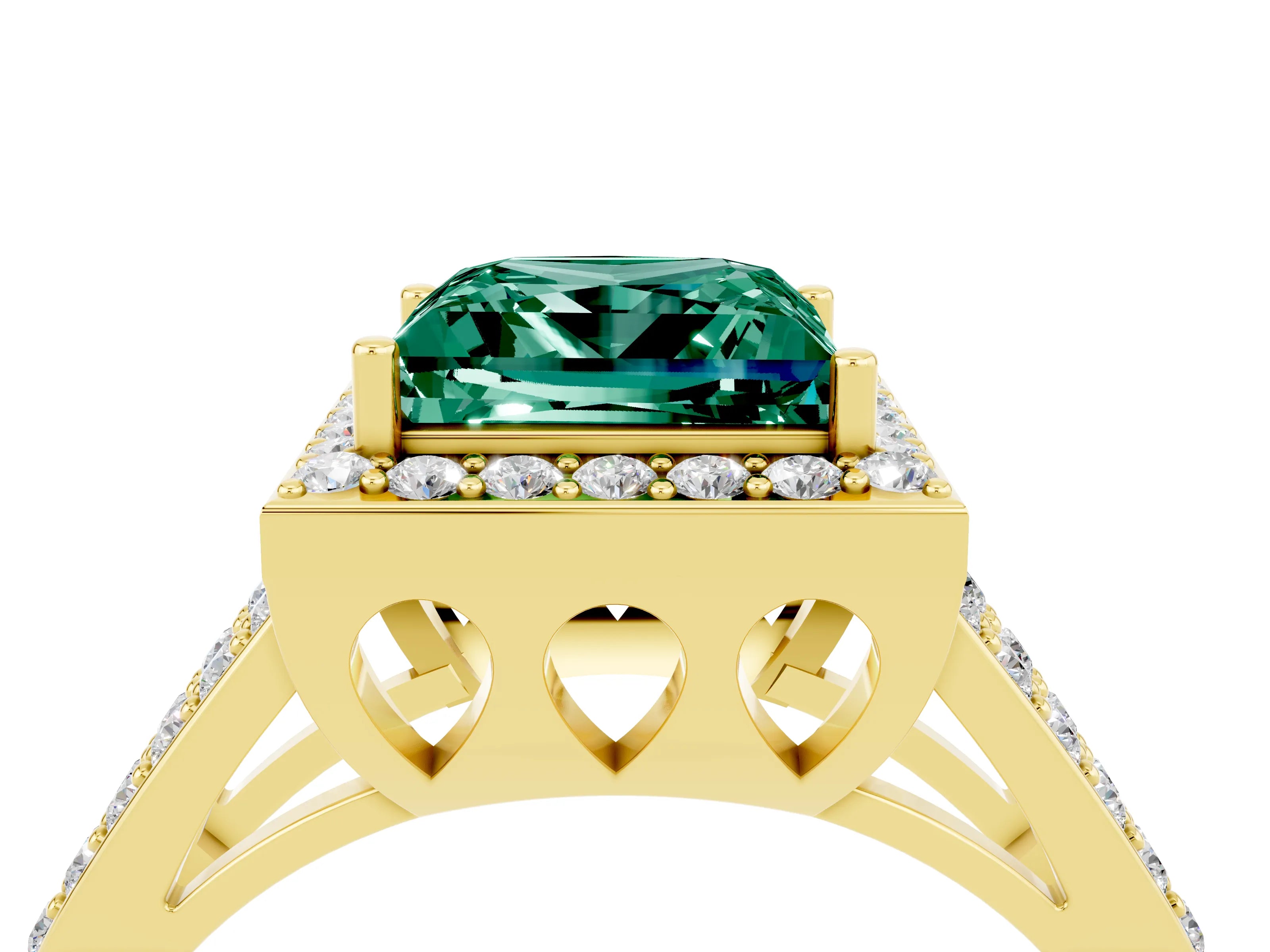 Yellow gold Princess Cut Green Sapphire Halo Ring with Split Shank U-Prong Band and Four-Prong Setting_4