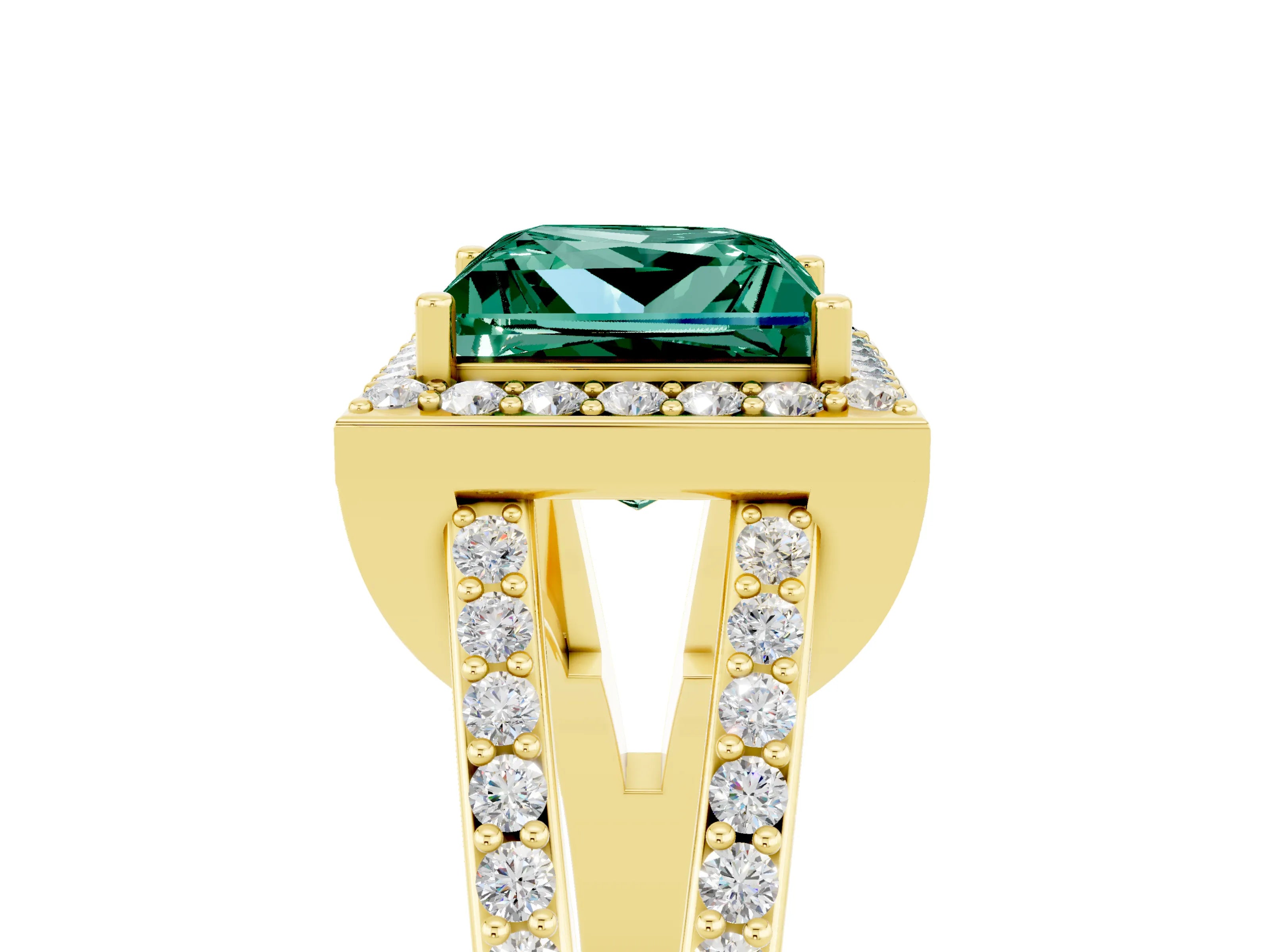 Yellow gold Princess Cut Green Sapphire Halo Ring with Split Shank U-Prong Band and Four-Prong Setting_5