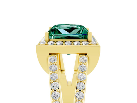 Yellow gold Princess Cut Green Sapphire Halo Ring with Split Shank U-Prong Band and Four-Prong Setting_5