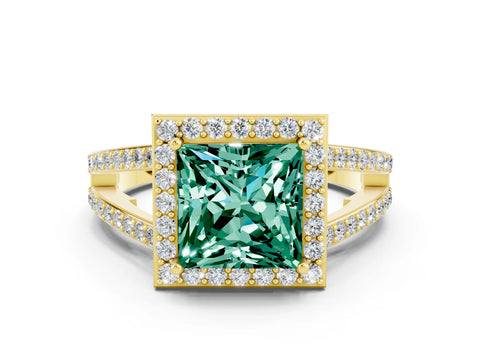Yellow gold Princess Cut Green Sapphire Halo Ring with Split Shank U-Prong Band and Four-Prong Setting