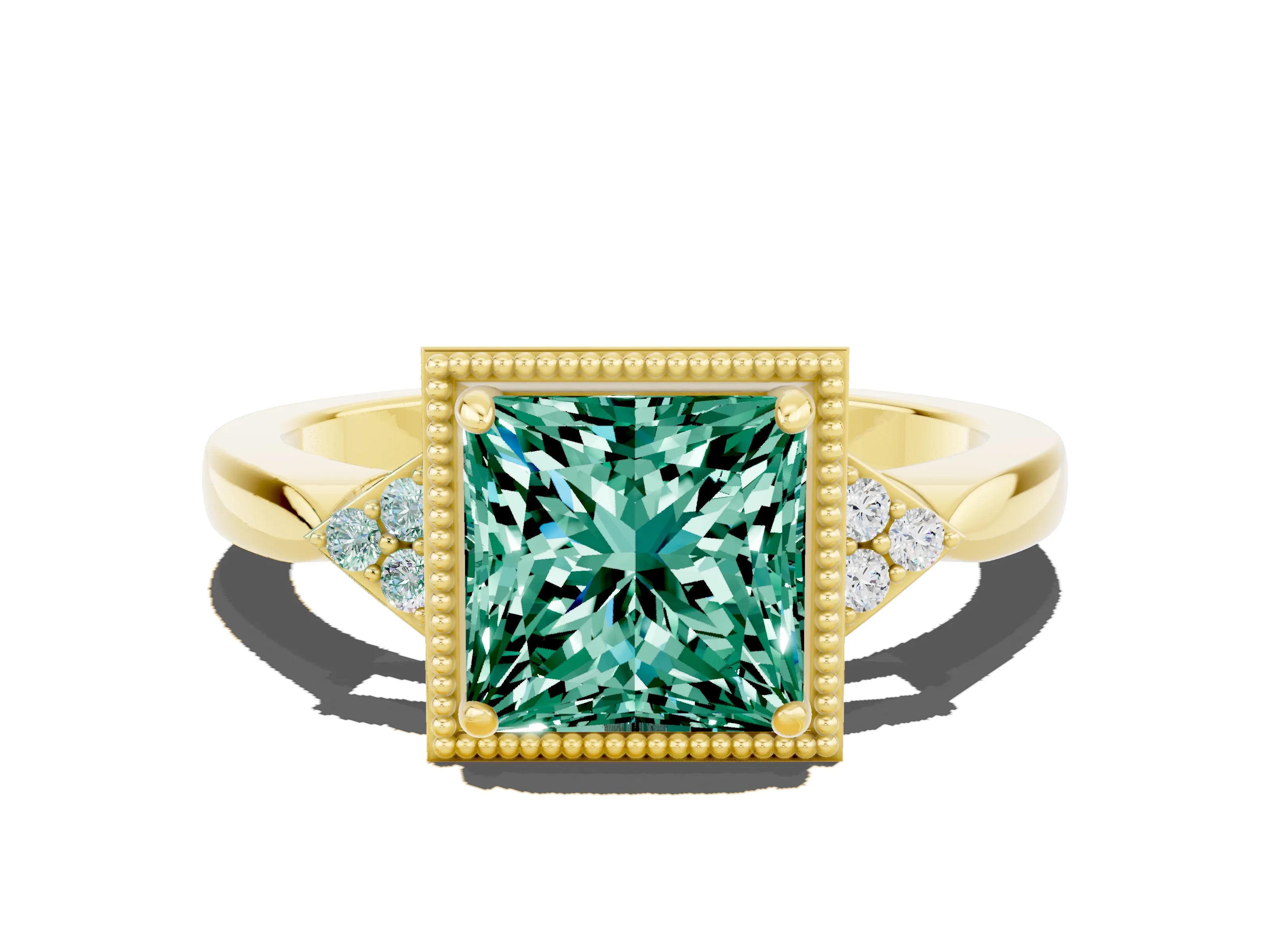 Yellow gold Princess Cut Green Sapphire Halo Ring with Tapered Band and Four-Prong Setting