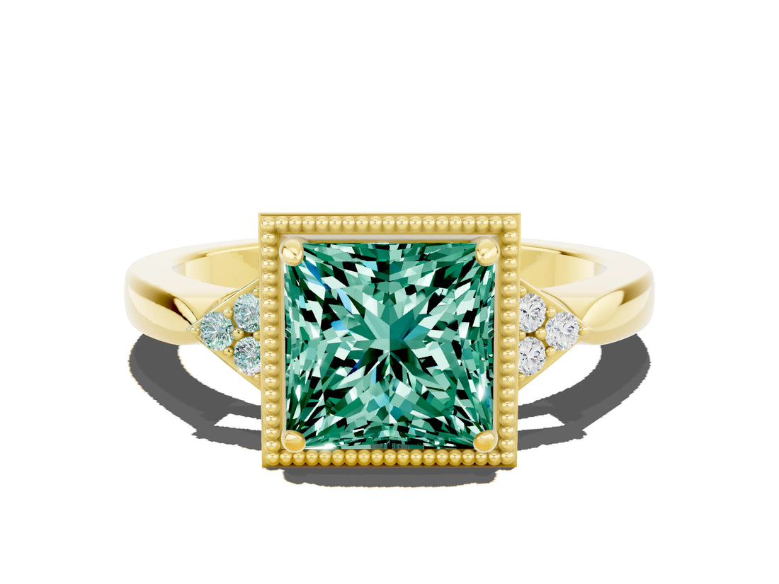 Yellow gold Princess Cut Green Sapphire Halo Ring with Tapered Band and Four-Prong Setting