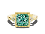 Yellow gold Princess Cut Green Sapphire Halo Ring with Tapered Band and Four-Prong Setting