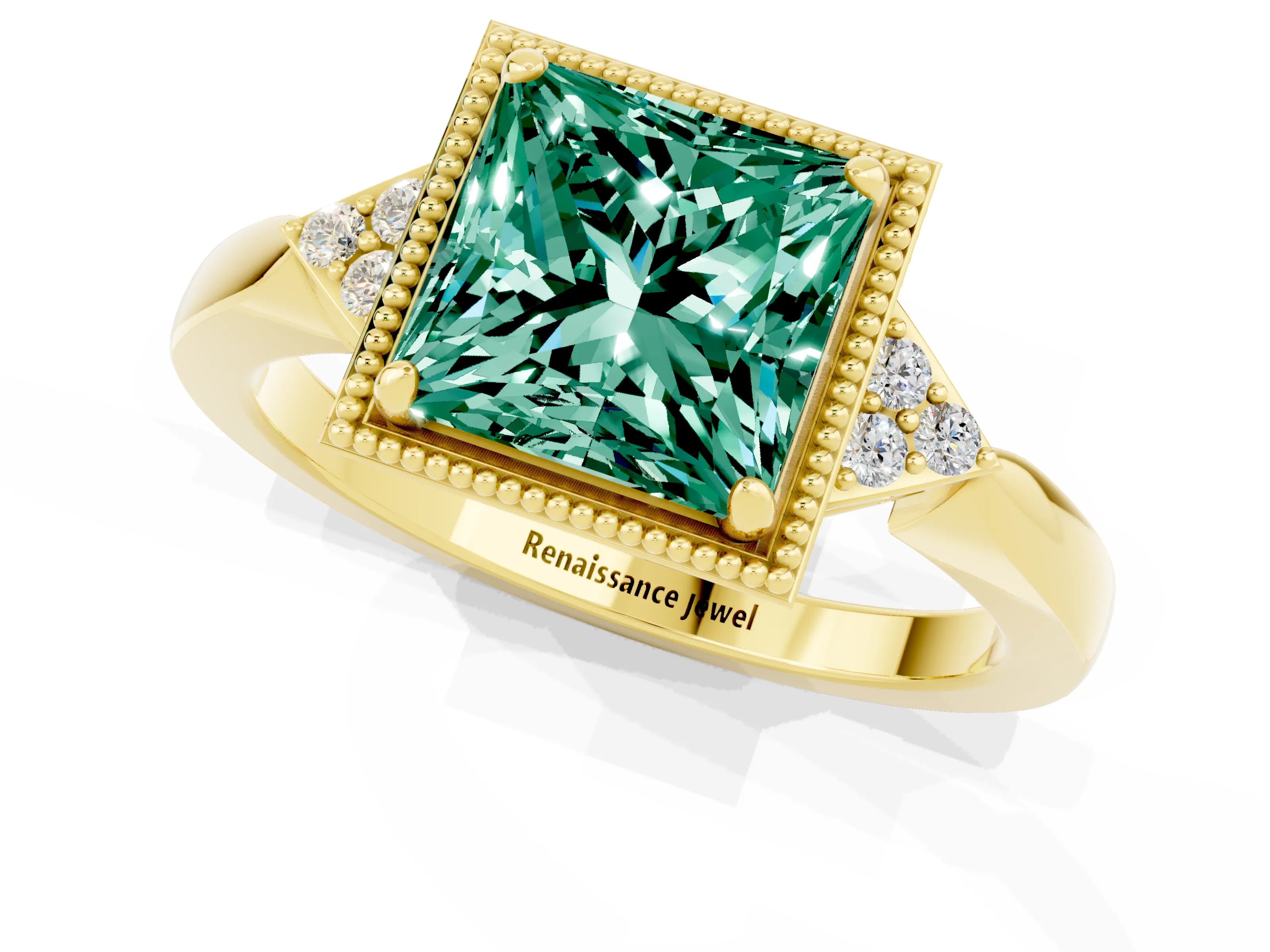Yellow gold Princess Cut Green Sapphire Halo Ring with Tapered Band and Four-Prong Setting_1