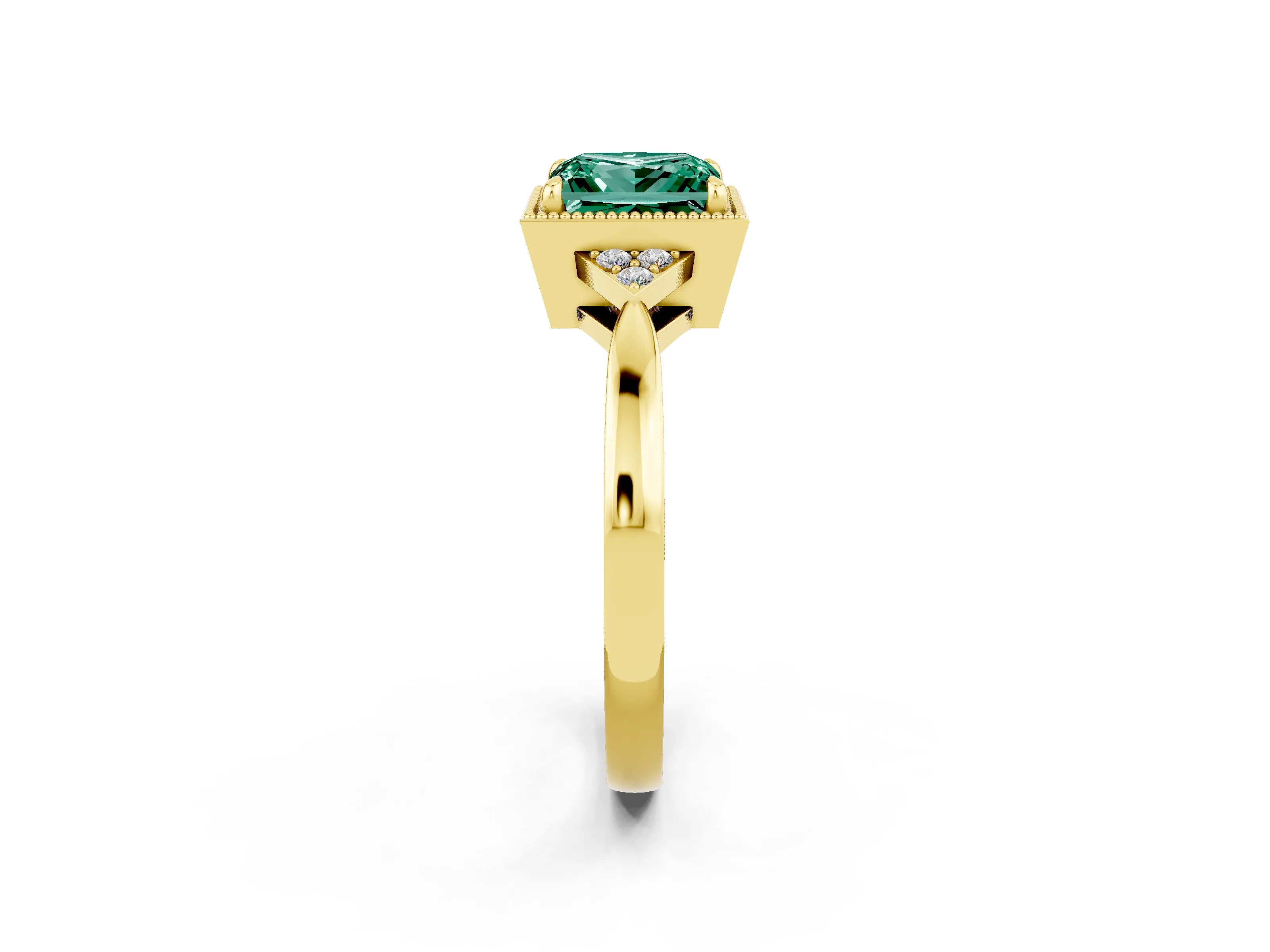 Yellow gold Princess Cut Green Sapphire Halo Ring with Tapered Band and Four-Prong Setting_2