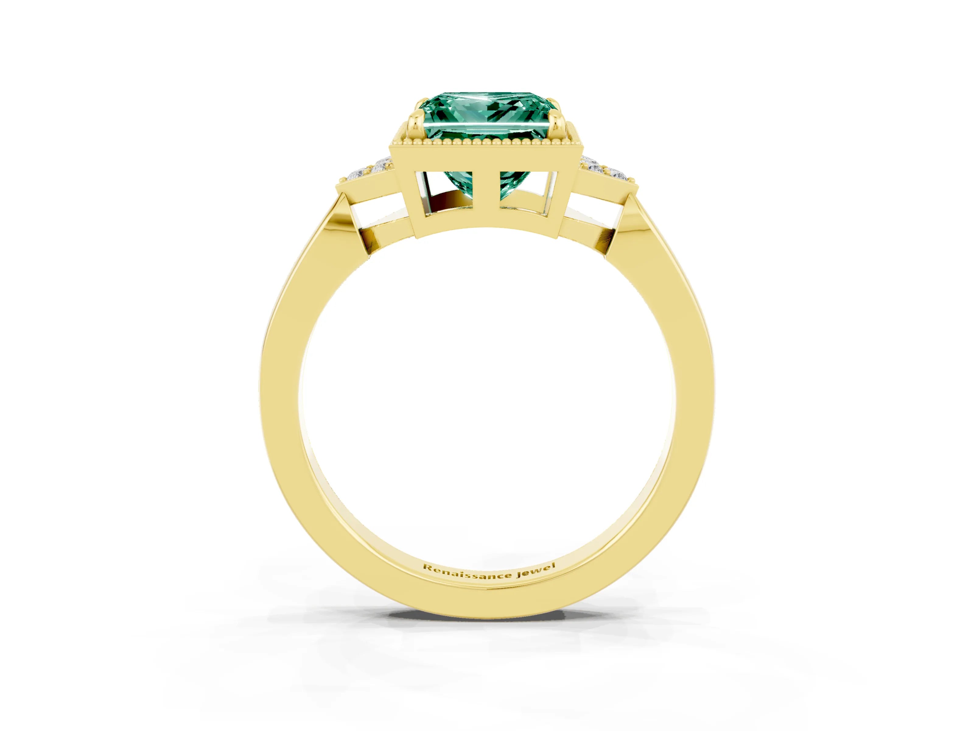 Yellow gold Princess Cut Green Sapphire Halo Ring with Tapered Band and Four-Prong Setting_3