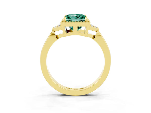 Yellow gold Princess Cut Green Sapphire Halo Ring with Tapered Band and Four-Prong Setting