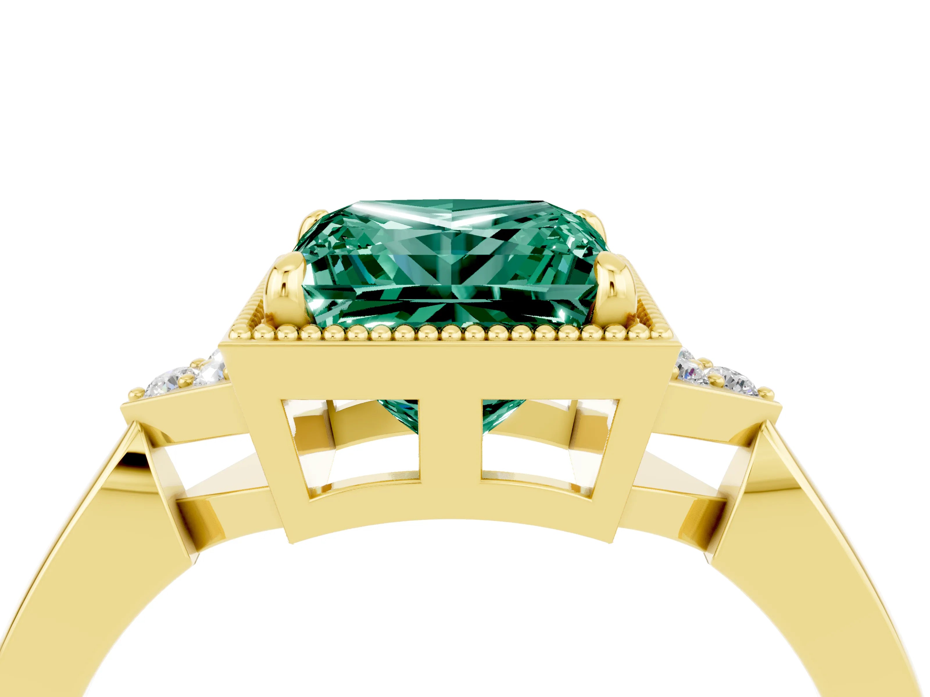 Yellow gold Princess Cut Green Sapphire Halo Ring with Tapered Band and Four-Prong Setting_4