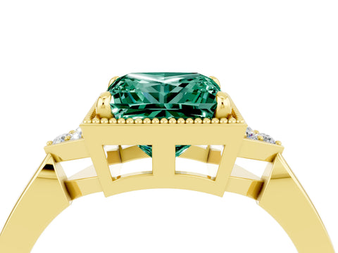 Yellow gold Princess Cut Green Sapphire Halo Ring with Tapered Band and Four-Prong Setting_4