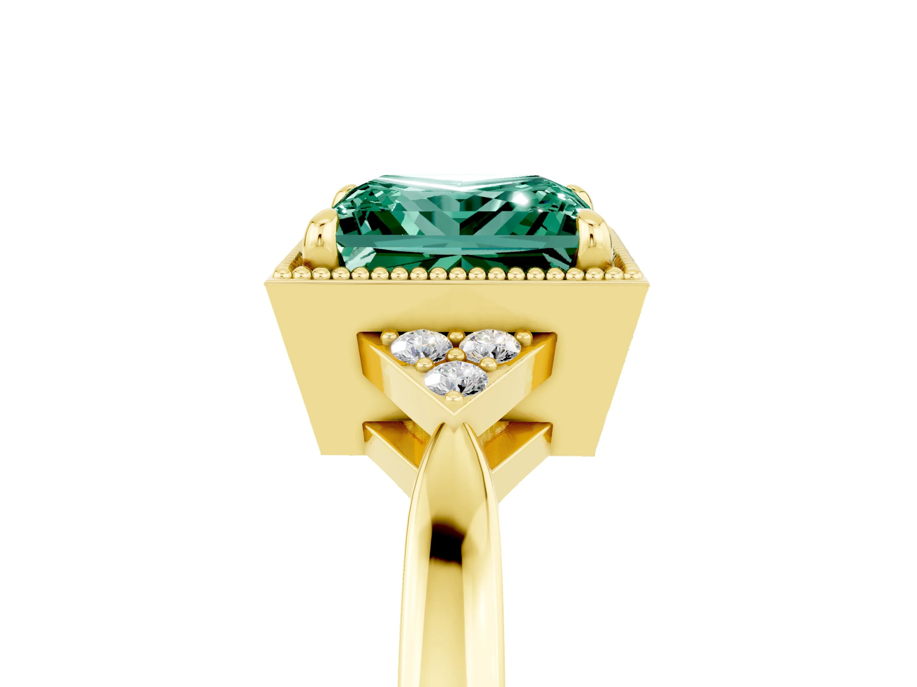 Yellow gold Princess Cut Green Sapphire Halo Ring with Tapered Band and Four-Prong Setting_5