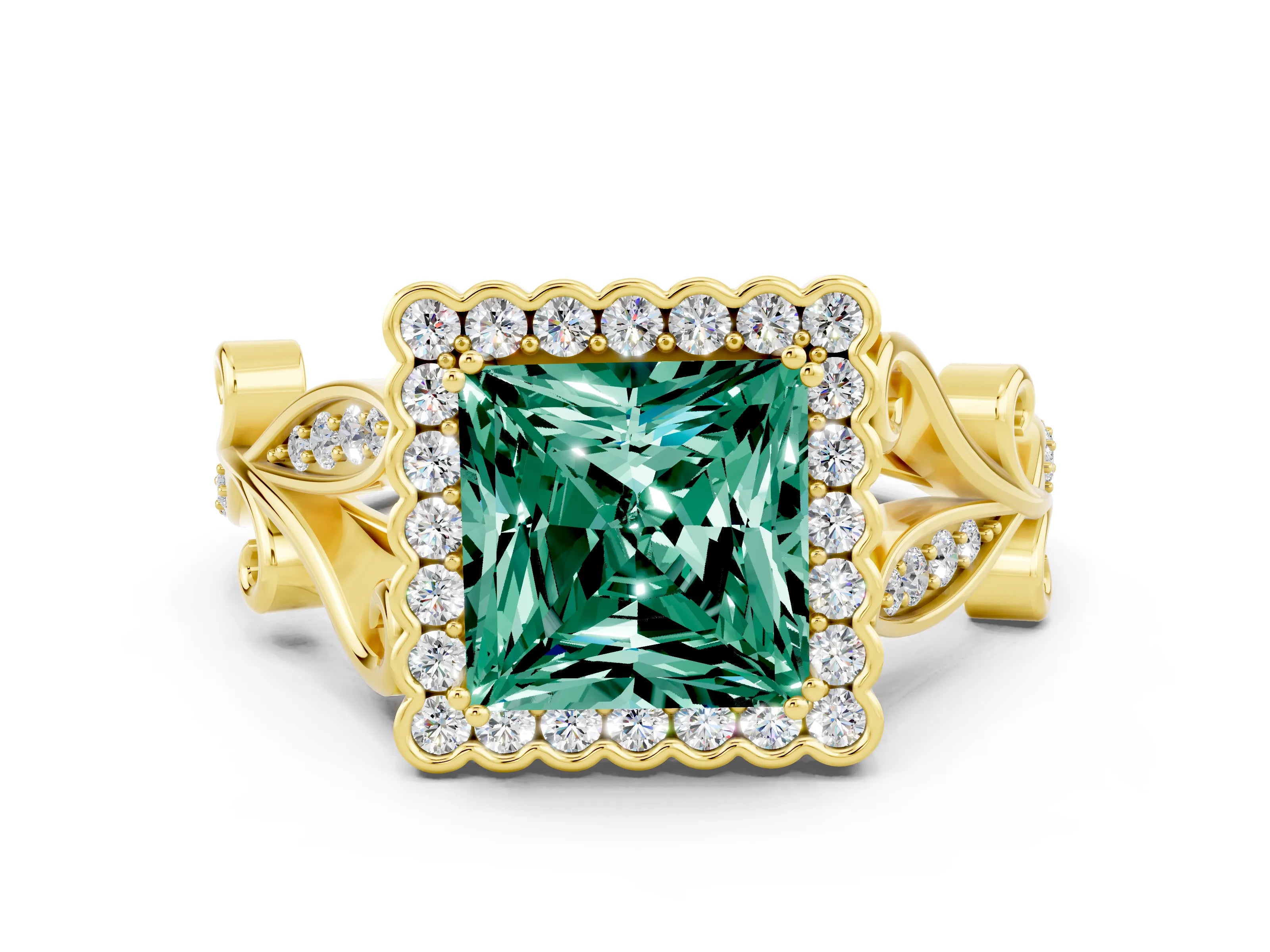 Yellow gold Princess Cut Green Sapphire Halo Ring with Vintage Split Shank and Four-Prong Setting