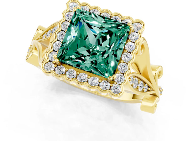 Yellow gold Princess Cut Green Sapphire Halo Ring with Vintage Split Shank and Four-Prong Setting