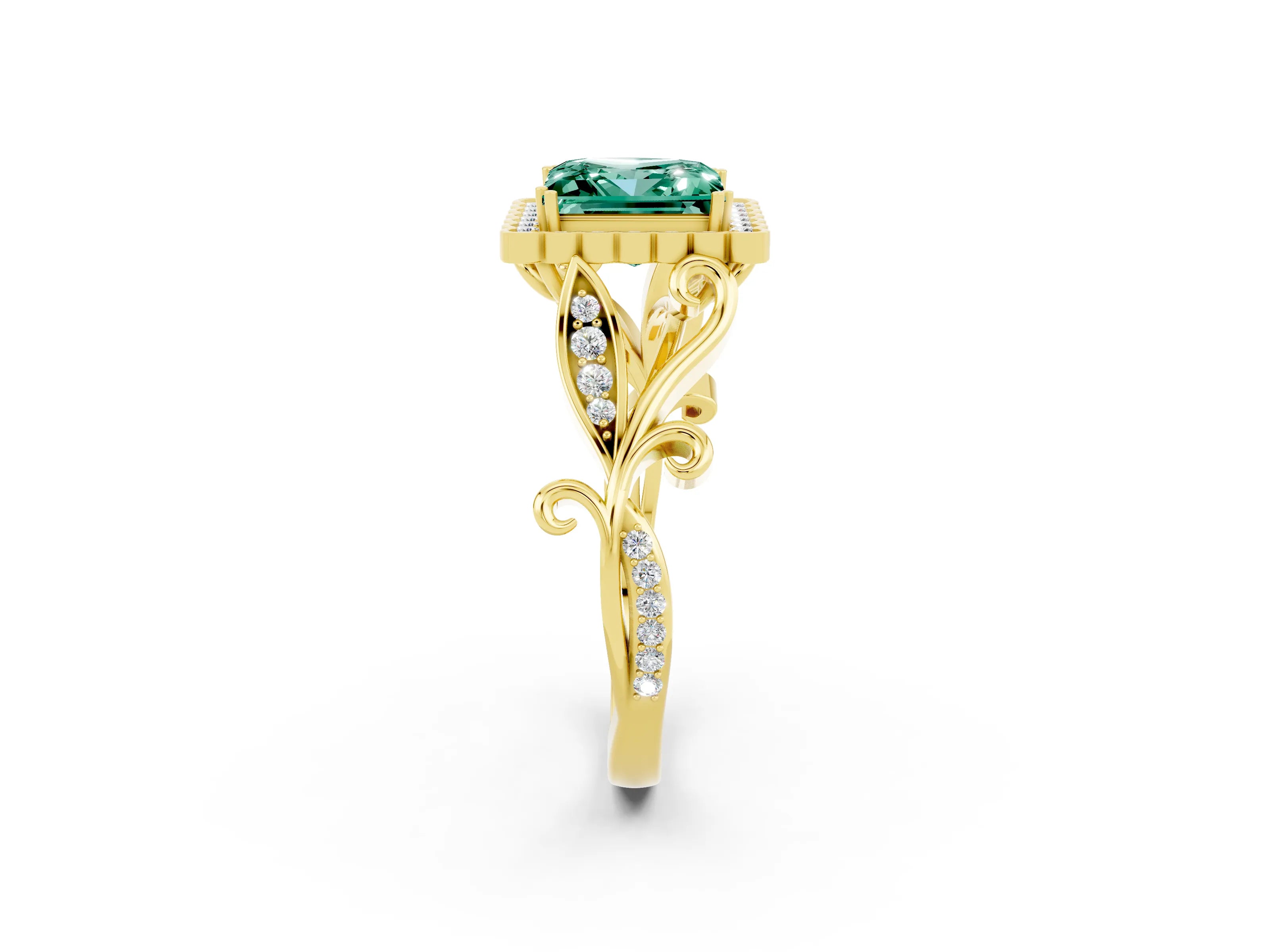 Yellow gold Princess Cut Green Sapphire Halo Ring with Vintage Split Shank and Four-Prong Setting_2