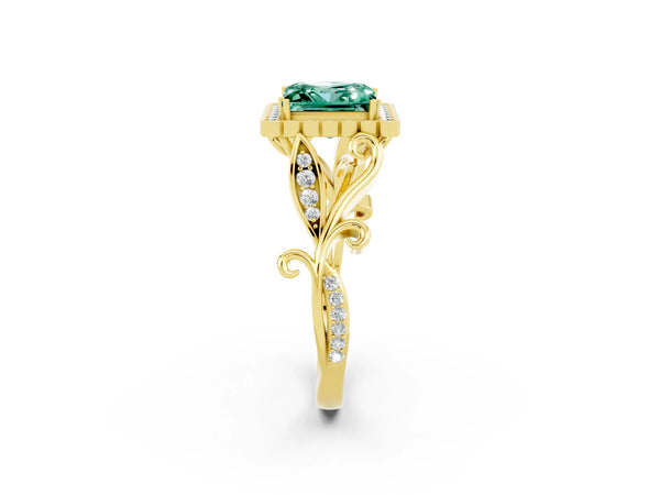 Yellow gold Princess Cut Green Sapphire Halo Ring with Vintage Split Shank and Four-Prong Setting