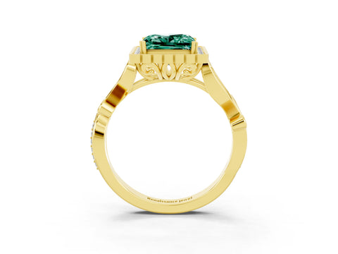 Yellow gold Princess Cut Green Sapphire Halo Ring with Vintage Split Shank and Four-Prong Setting_3