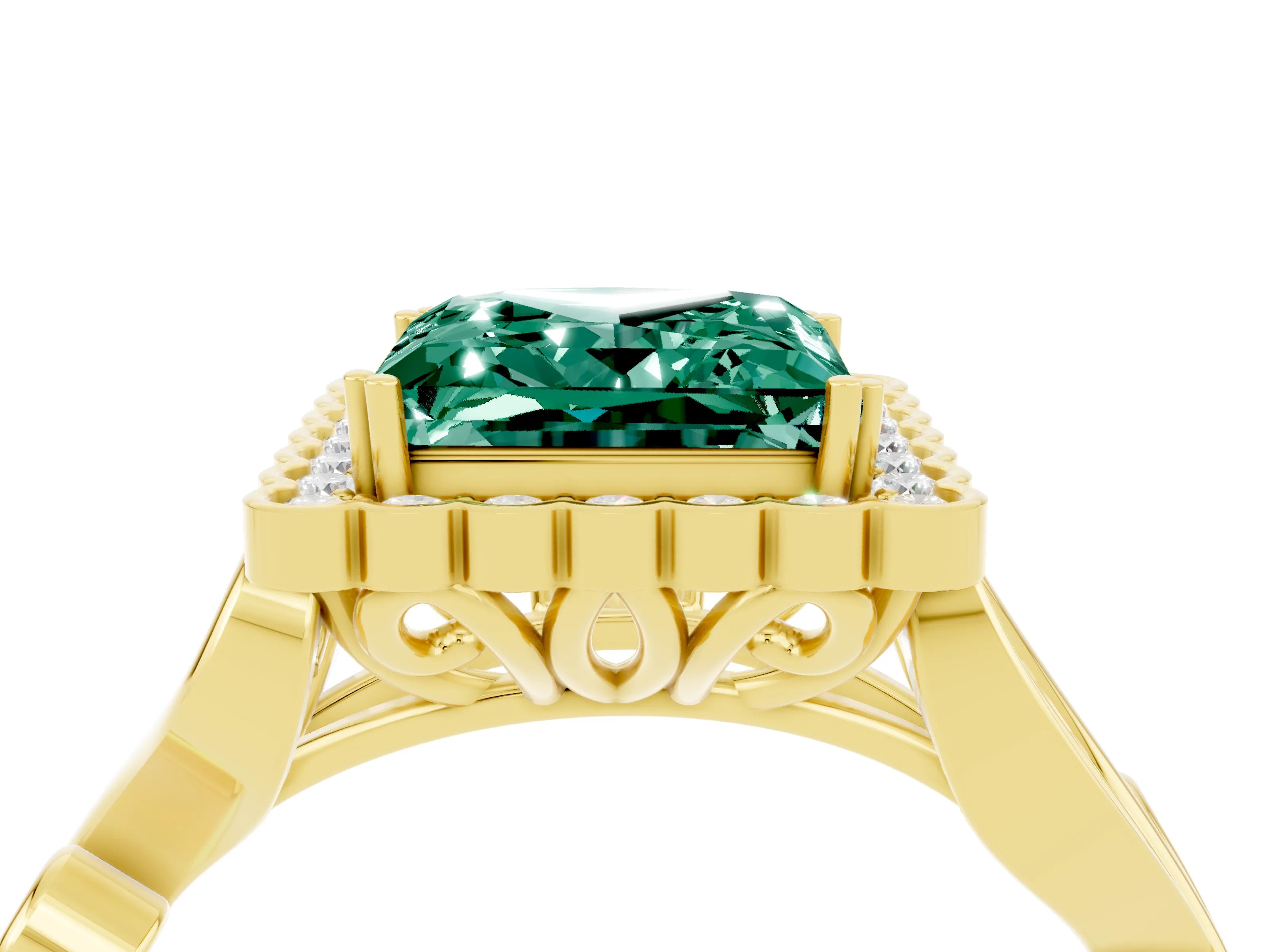 Yellow gold Princess Cut Green Sapphire Halo Ring with Vintage Split Shank and Four-Prong Setting_4
