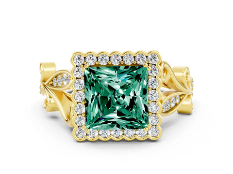 Yellow gold Princess Cut Green Sapphire Halo Ring with Vintage Split Shank and Four-Prong Setting