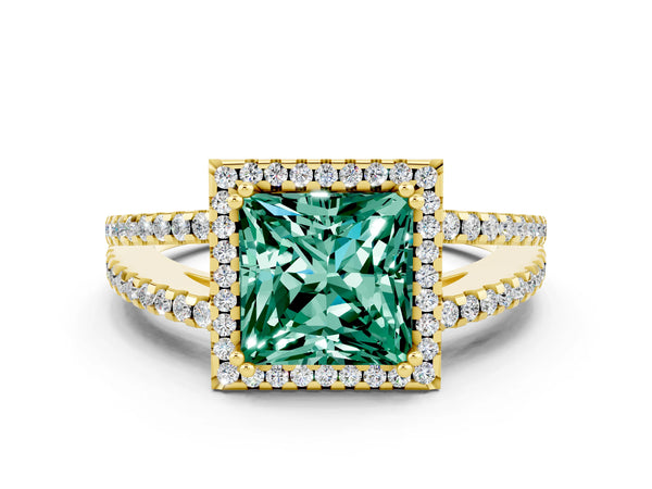 Yellow gold Princess Cut Green Sapphire Halo Split Shank Engagement Ring