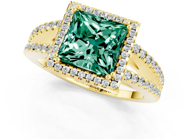 Yellow gold Princess Cut Green Sapphire Halo Split Shank Engagement Ring