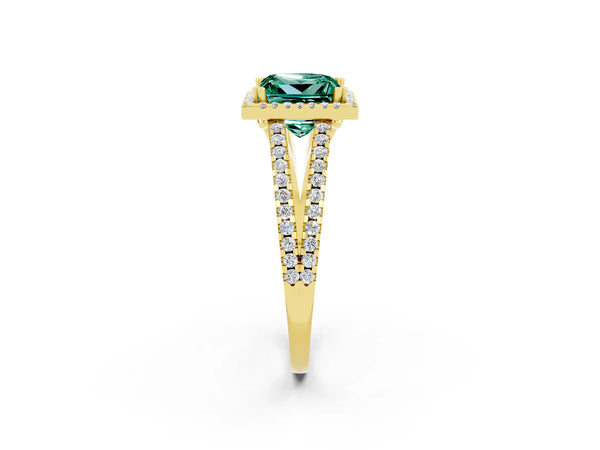 Yellow gold Princess Cut Green Sapphire Halo Split Shank Engagement Ring
