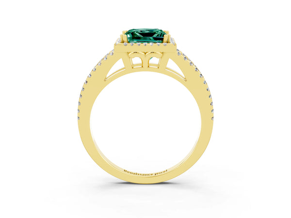 Yellow gold Princess Cut Green Sapphire Halo Split Shank Engagement Ring