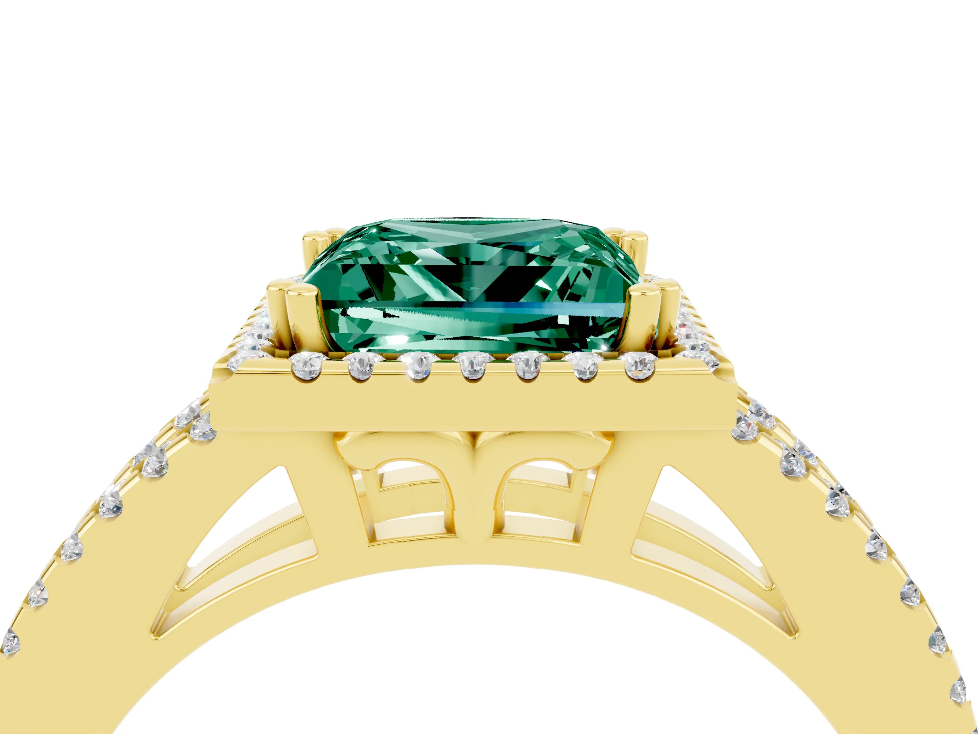 Yellow gold Princess Cut Green Sapphire Halo Split Shank Engagement Ring_16