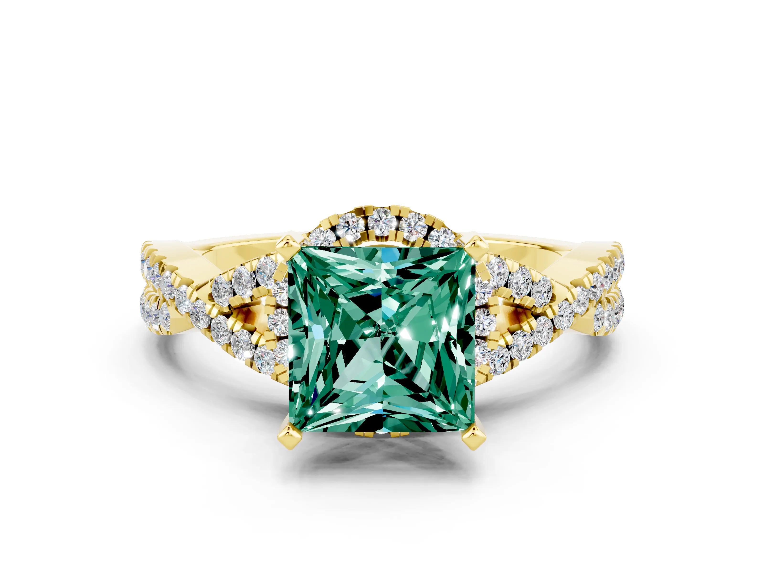 Yellow gold Princess Cut Green Sapphire Halo Twist Band Solitaire Prong Setting Ring