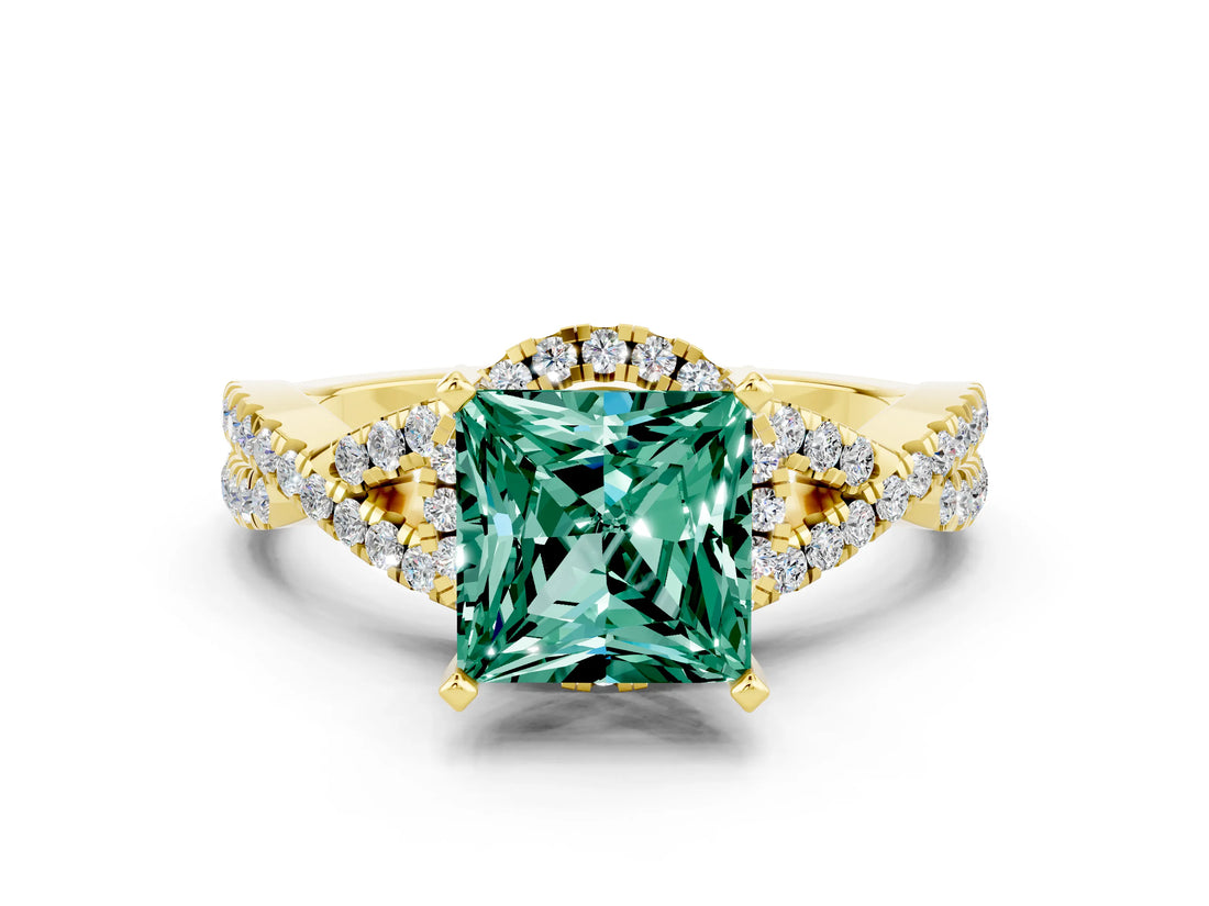 Yellow gold Princess Cut Green Sapphire Halo Twist Band Solitaire Prong Setting Ring