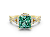 Yellow gold Princess Cut Green Sapphire Halo Twist Band Solitaire Prong Setting Ring