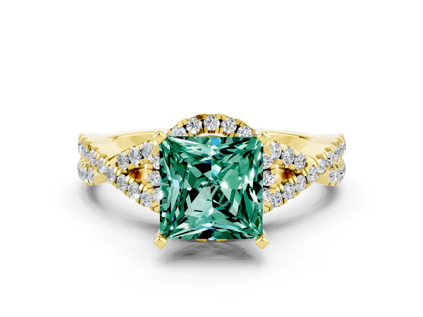 Yellow gold Princess Cut Green Sapphire  Halo Twist Band Solitaire Prong Setting Ring