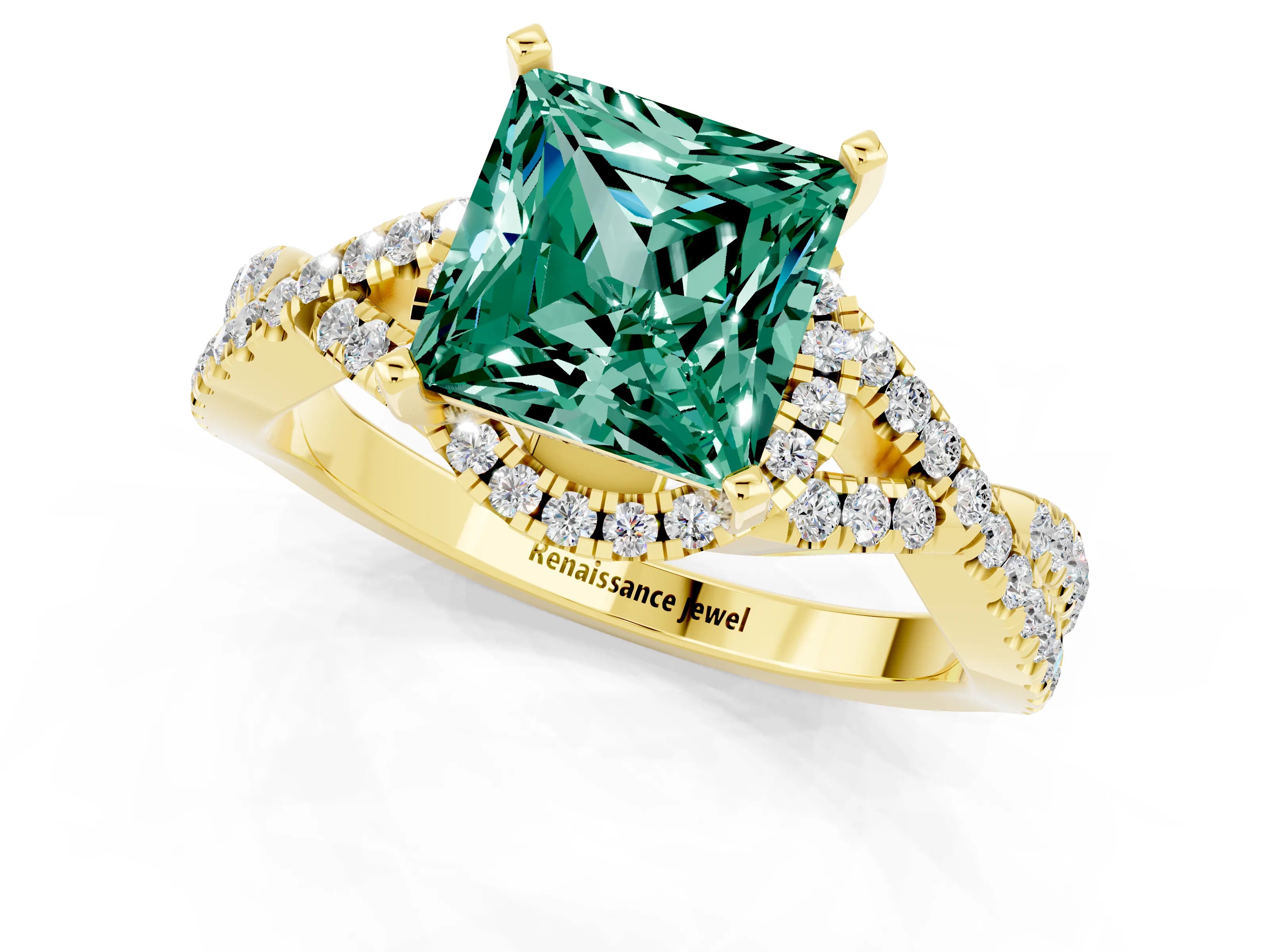 Yellow gold Princess Cut Green Sapphire Halo Twist Band Solitaire Prong Setting Ring_1