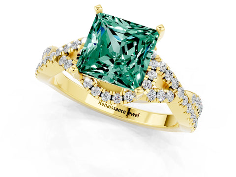 Yellow gold Princess Cut Green Sapphire Halo Twist Band Solitaire Prong Setting Ring_1