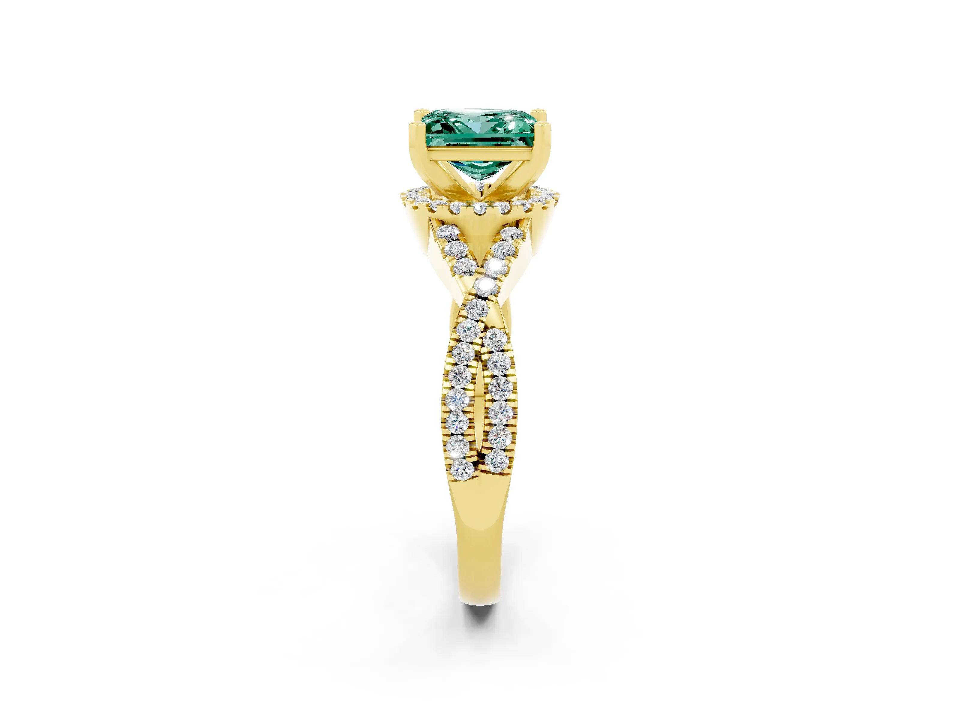 Yellow gold Princess Cut Green Sapphire Halo Twist Band Solitaire Prong Setting Ring_2