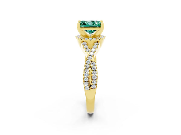 Yellow gold Princess Cut Green Sapphire  Halo Twist Band Solitaire Prong Setting Ring