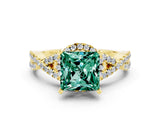 Yellow gold Princess Cut Green Sapphire  Halo Twist Band Solitaire Prong Setting Ring_24