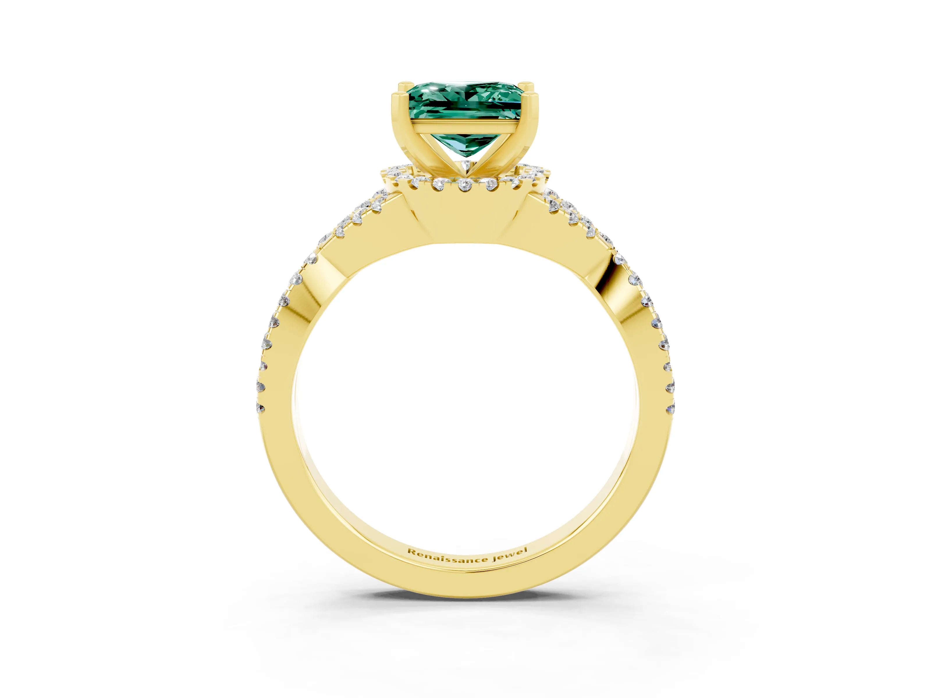 Yellow gold Princess Cut Green Sapphire Halo Twist Band Solitaire Prong Setting Ring_3