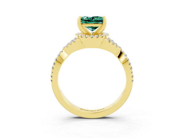Yellow gold Princess Cut Green Sapphire  Halo Twist Band Solitaire Prong Setting Ring