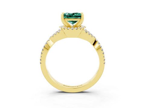 Yellow gold Princess Cut Green Sapphire Halo Twist Band Solitaire Prong Setting Ring_3