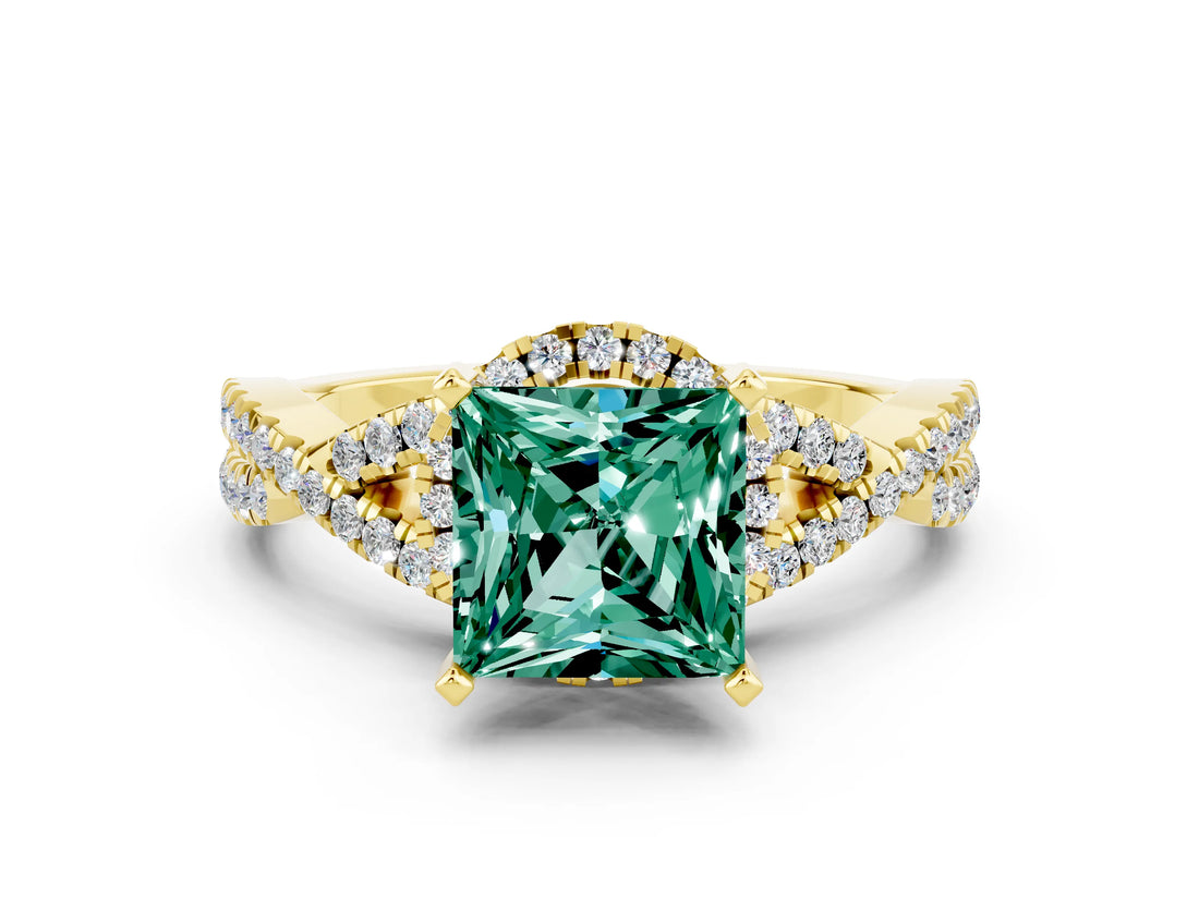 Yellow gold Princess Cut Green Sapphire  Halo Twist Band Solitaire Prong Setting Ring_42